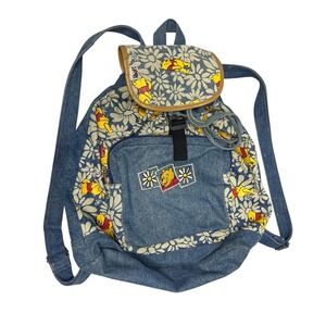 VTG Disney Winnie the Pooh Denim Backpack Blue Daisy Floral Print 90s Bag Y2K